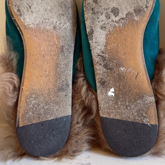Gucci Princetown Fur Mules Color Teal Velvet Horsebit Slides Womens Size 36.5 - Picture 16 of 16